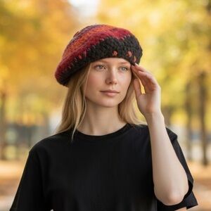 Handmade Vtg Wool Beret Colorful Hat Winter Toque‎ Pink Bohemian Boho Multicolor